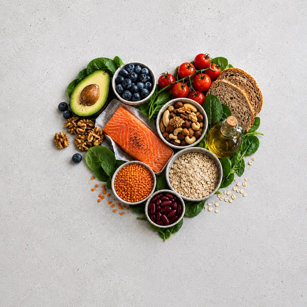 Flat table of food shaped like a heart